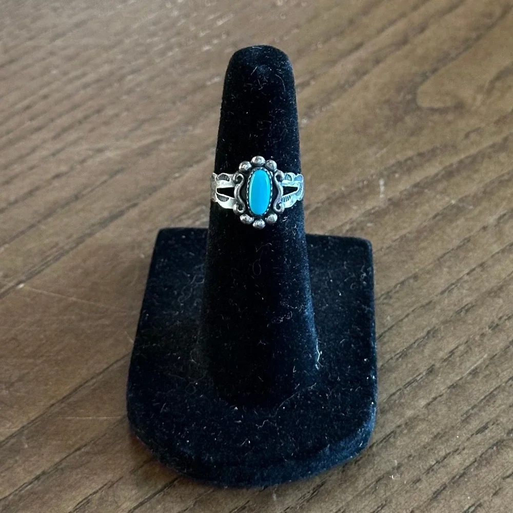 Vintage Southwestern Sterling Silver Turquoise Ring Stamped Band Size 3.5